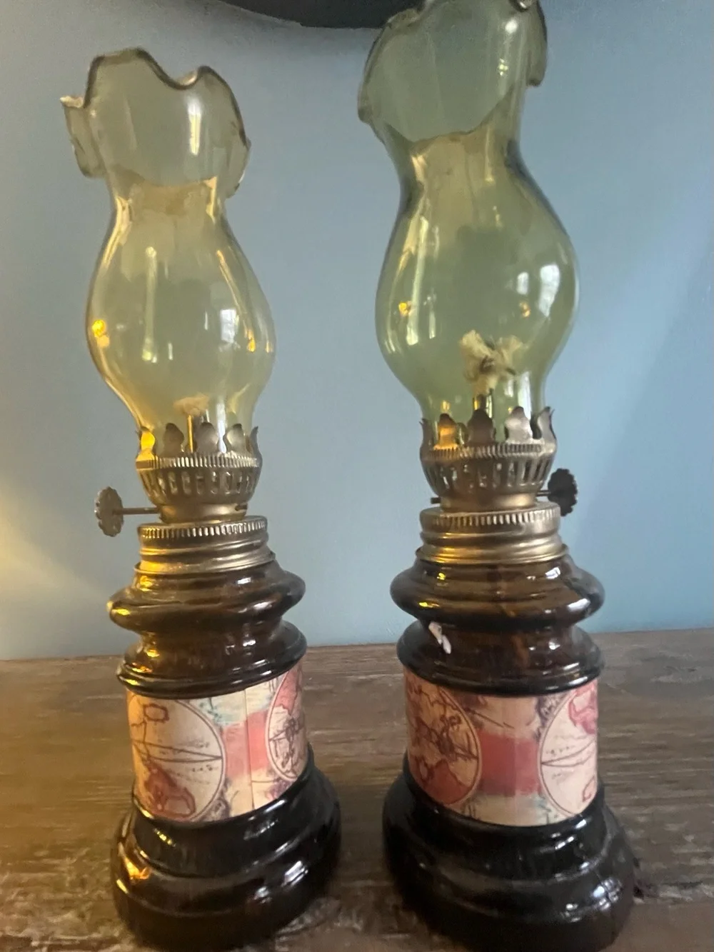 Pair Vintage Mini Oil Lamps 9” Amber Glass Chimneys World Map Decor